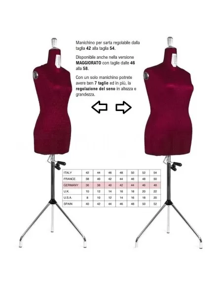 La tabella comparativa taglie dei principali paesi europei del Manichino Donna Sartoriale Regolabile 42-54