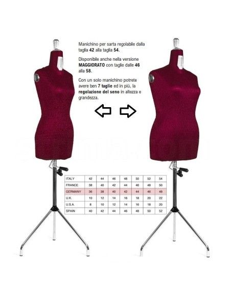 La table mannequin femme réglable permet de comparer les tailles dans les principaux pays européens