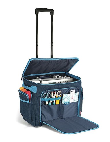 The large space and numerous pockets of the Prym Trolley Denim comfortably hold machine and accessories.
