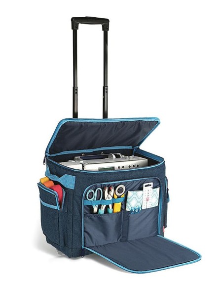 Le grand espace et les nombreuses poches du Trolley Prym Denim permettent de ranger confortablement machine et accessoires