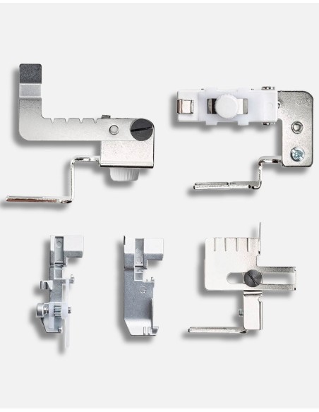 Le kit comprend: un pied élastique, un ourlet invisible, un outil de fronces, un guide et un accessoire de fronces à 2 couches