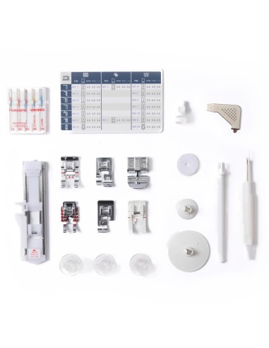 Husqvarna Viking Onyx 30 with its accessory kit that includes 8 sewing feet.