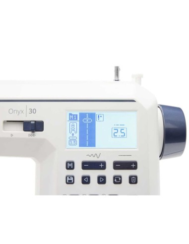 Husqvarna Onyx 30 the slider allows you to set the sewing speed and the LCD screen displays stitch and adjustments