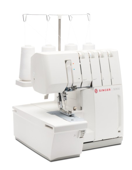 Singer S0605 with advanced functions: Automatic needle stop, 2 or 3 thread rolled hems, adjustable foot pressure.