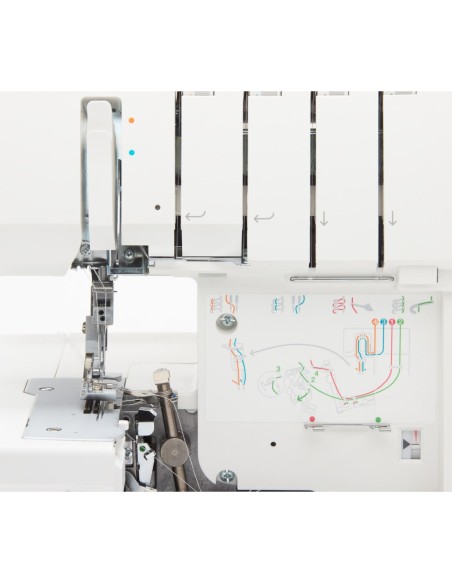 Easy threading with built-in guide and colored tracks for the Singer S0605 overlocker