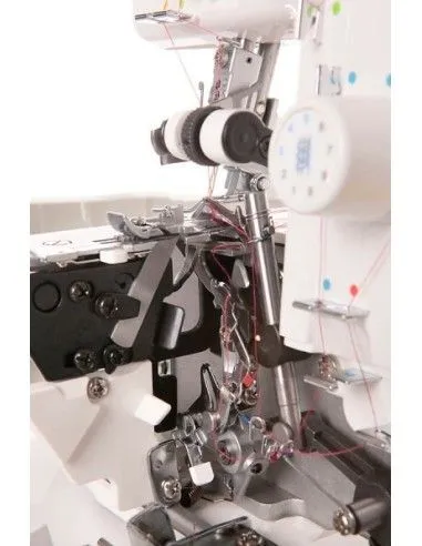 Beginner-proof Juki MO 654DEN overlocker with colored tracks and automatic lower looper threader