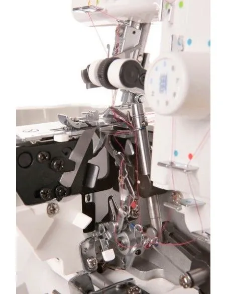 Beginner-proof Juki MO 654DEN overlocker with colored tracks and automatic lower looper threader