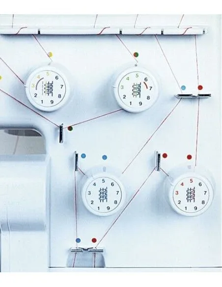The colored tracks facilitate the threading of the Juki MO-654DEN