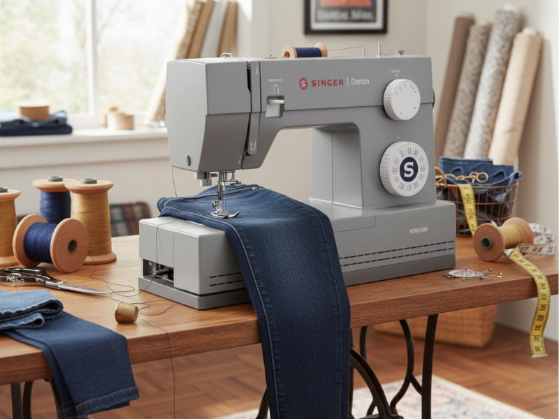 Máquina de coser Singer Heavy Duty 6335M con tela vaquera bajo la aguja, lista para coser, en el taller. ¿Qué hacer si la máquina de coser salta puntadas? Máquina de coser Singer Heavy Duty 6335M con tela vaquera bajo la aguja, lista para coser, en el taller. ¿Qué hacer si la máquina de coser salta puntadas?