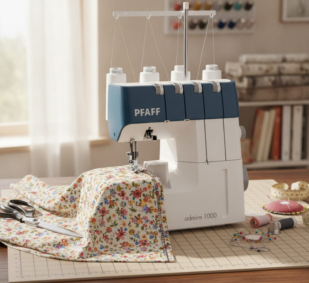 Máquina overlock Pfaff Admirate 1000 cosiendo tela floral. Máquina overlock Pfaff Admirate 1000 cosiendo tela floral.